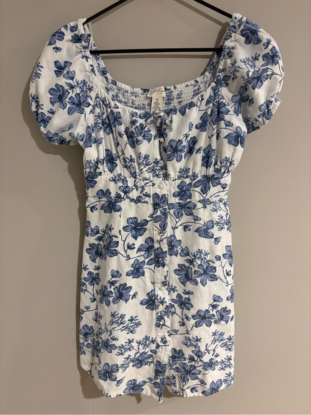 Jessica Simpson Floral Puff Sleeve Mini Dress Women’s M Blue White Linen Blend